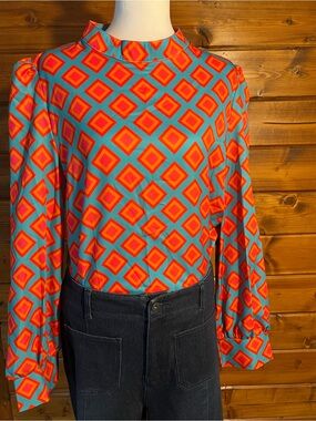 Retro Geometric Mock Neck Blouse - Turquoise & Orange
